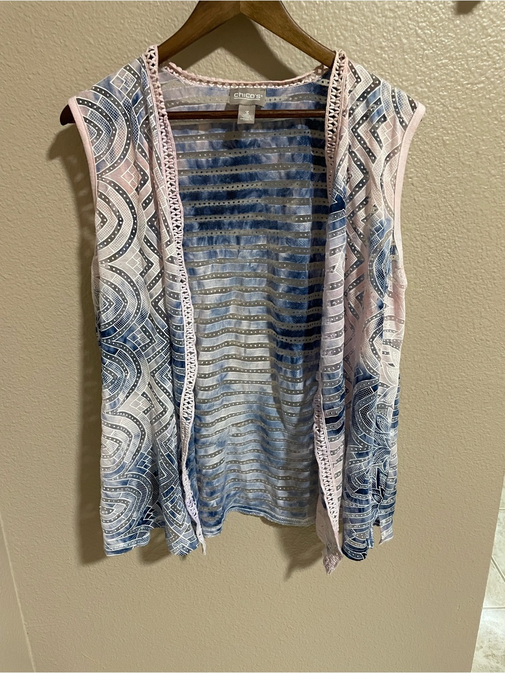 Chico's Pink and Blue Open-Front Sleeveless Tunic Vest Burnout Semi Sheer XL